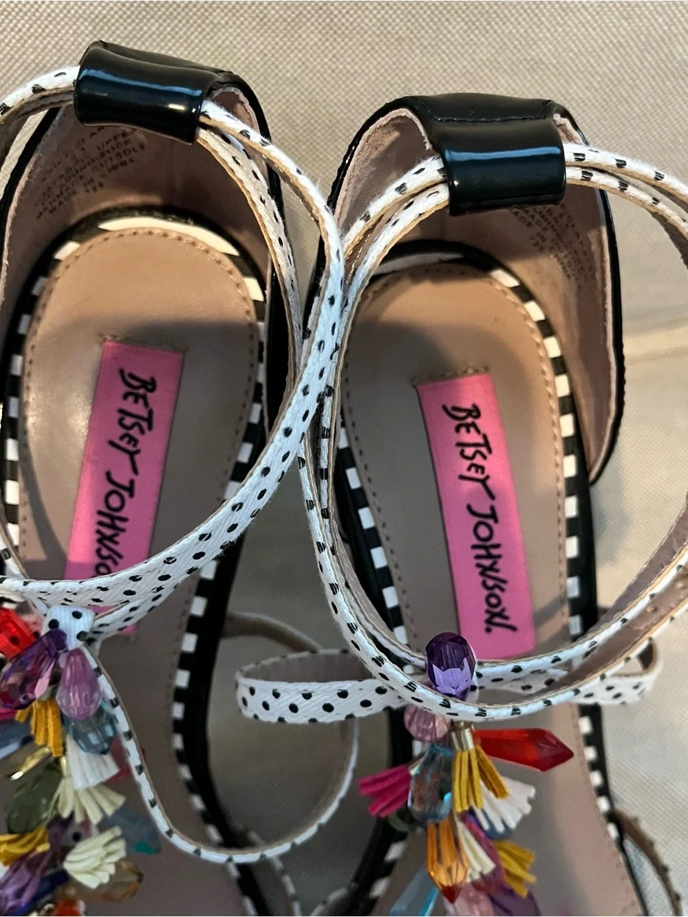 Betsey Johnson Black Patent Polka Dot Strap Jeweled High Heels